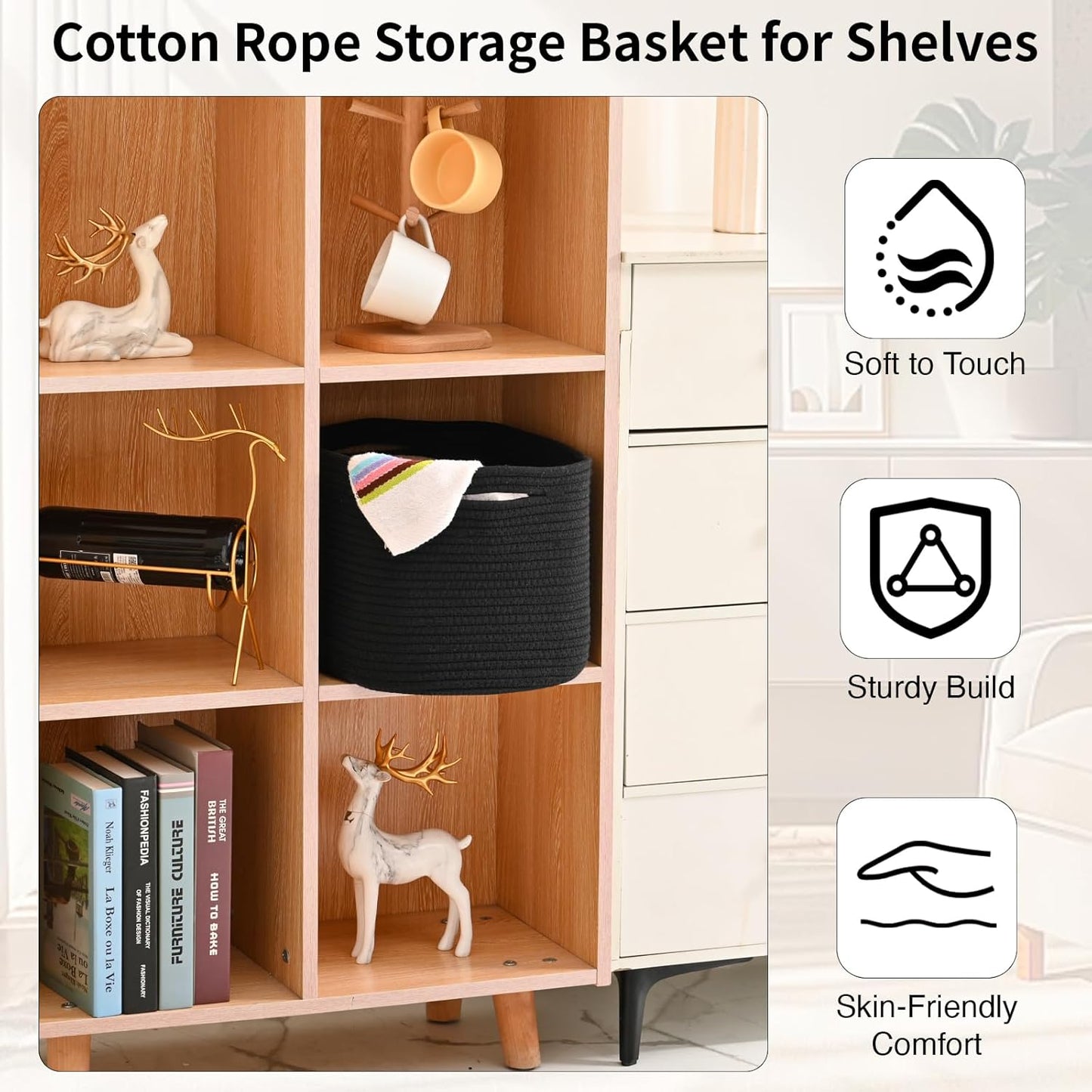 Woven Cotton Rope Storage Basket for Organizing, Cute Decorative Baskets for Gifts Empty, Organizer Bins for Dog Toy, Baby Laundry, 15“×11”×9.5“, Black