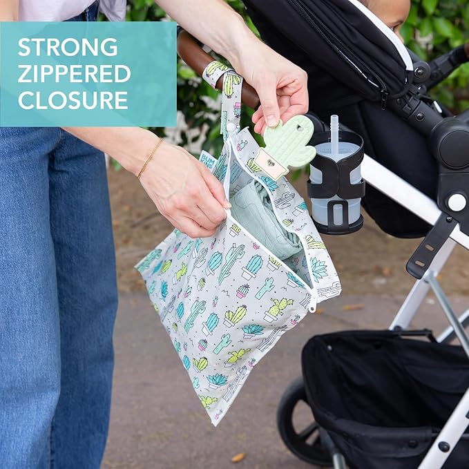 Bumkins Waterproof Wet Bag for Baby, Travel, Swim Suit, Cloth Diapers, Pump Parts, Pool, Beach, Gym Clothes, Toiletry, Hook to Stroller, Daycare, Zipper Reusable Wetdry Packing Pouch, Cactus Green