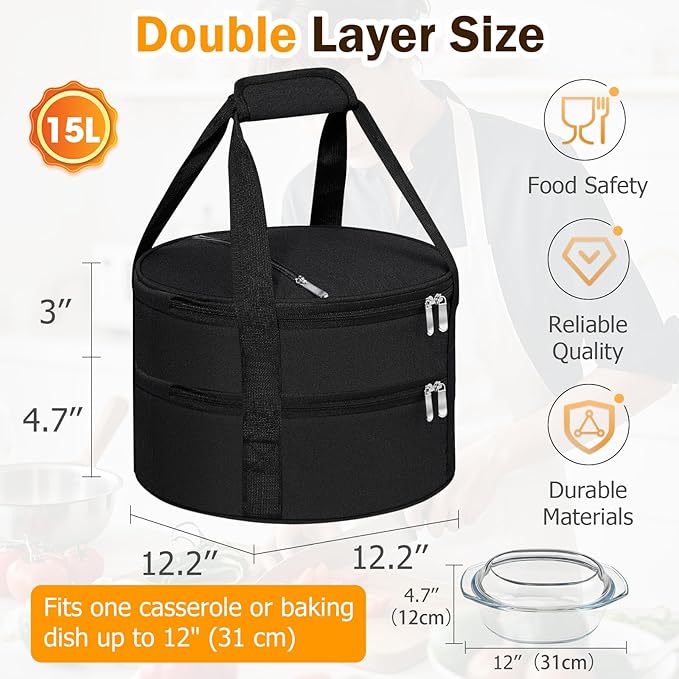 Round Double Insulated Casserole Carrier, Pie Carrier Bag, Portable Casserole Carrier for Hot or Cold Food Lunch Tote, Lunch Bag for Parties Picnic, Fits 12.5" Baking Dish, Black