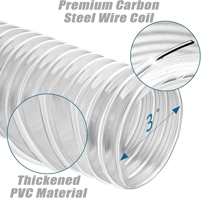 PVC Dust Collection Hose 3" x 10', Flexible Dust Collector Hose, Puncture Resistant Carbon Steel Wire Coil for Workshops, Woodworking, Industrial Vacuums