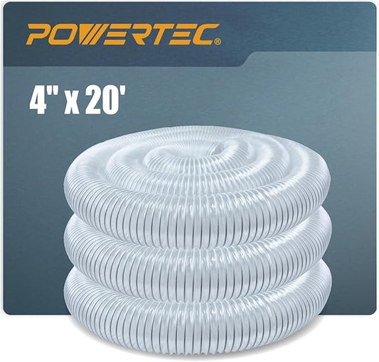 POWERTEC 4" x 20' Dust Collection Hose, 4 Inch Dust Collector Hose for Table Saw, Band Saw, Planer, Jointer, Woodworking and Wood Shop Dust Collection System (70143)
