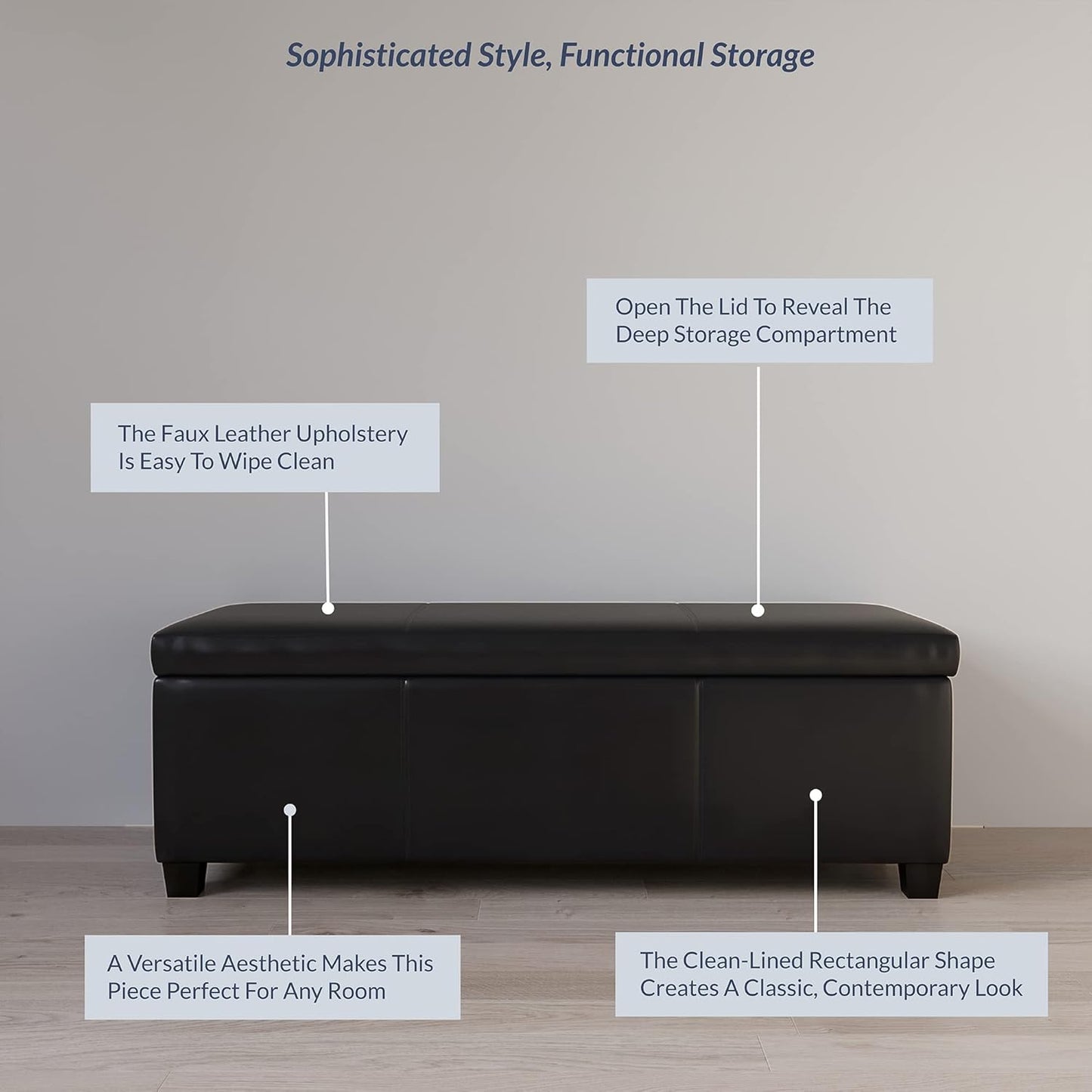 BELLEZE Storage Faux Leather Ottoman, 47 Inch Bench Bedroom Bench with Safety Close Hinge, Extra Long Ottoman with Storage for Living Room, Entryway, Hallway, Foot Rest, Support 300lbs - Black