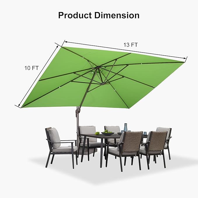 PURPLE LEAF 10' X 13' Patio Cantilever Umbrella Rectangle Umbrella Outdoor with Aluminum Offset Hanging and 360° Rotation for Pool Garden Deck Patio, Green