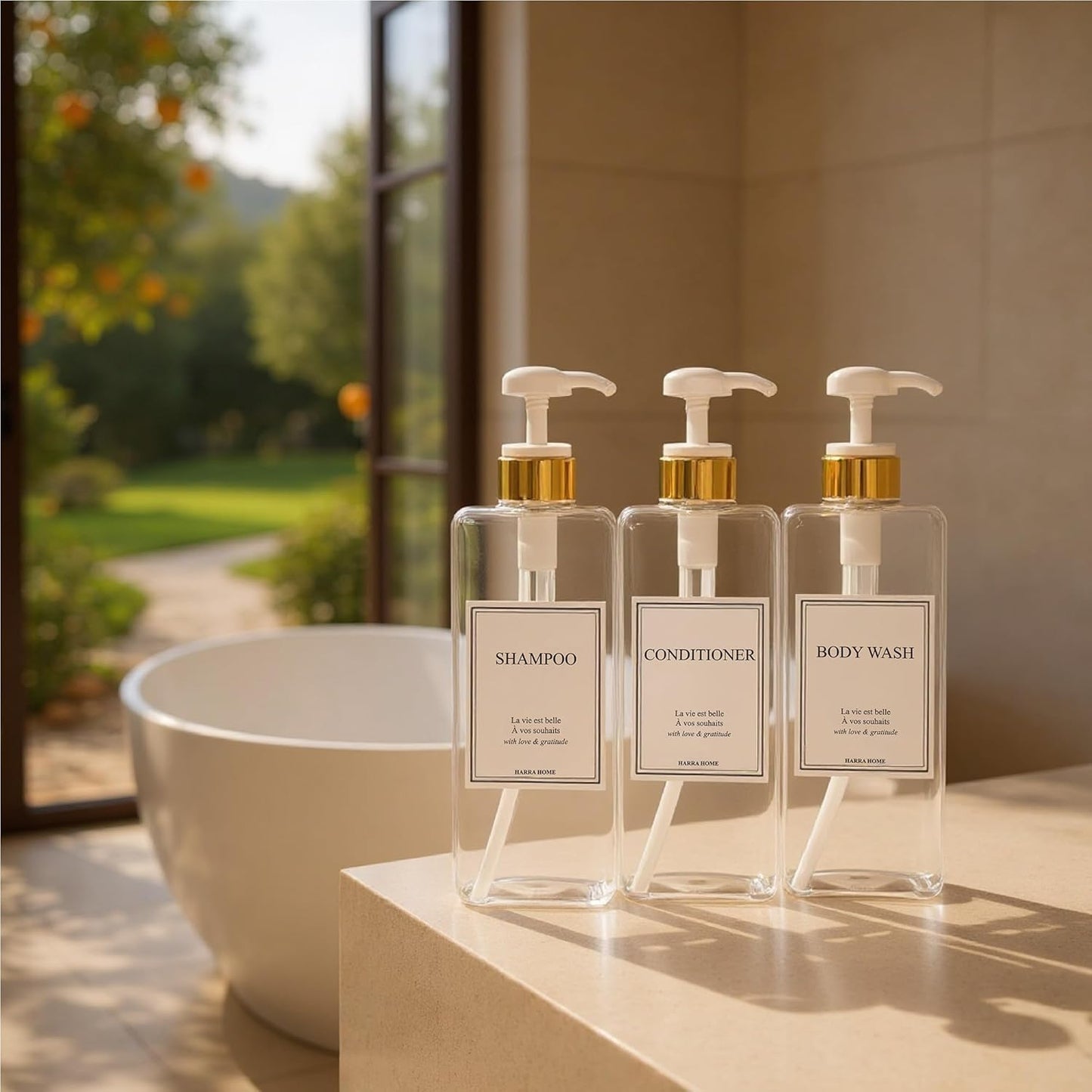 Modern Gold Design Large 27 oz Shampoo and Conditioner Dispensers - Empty Plastic Refillable Pump Bottle Set for Bathroom Shower Soap Dispenser, Set of 3 (Clear & White)