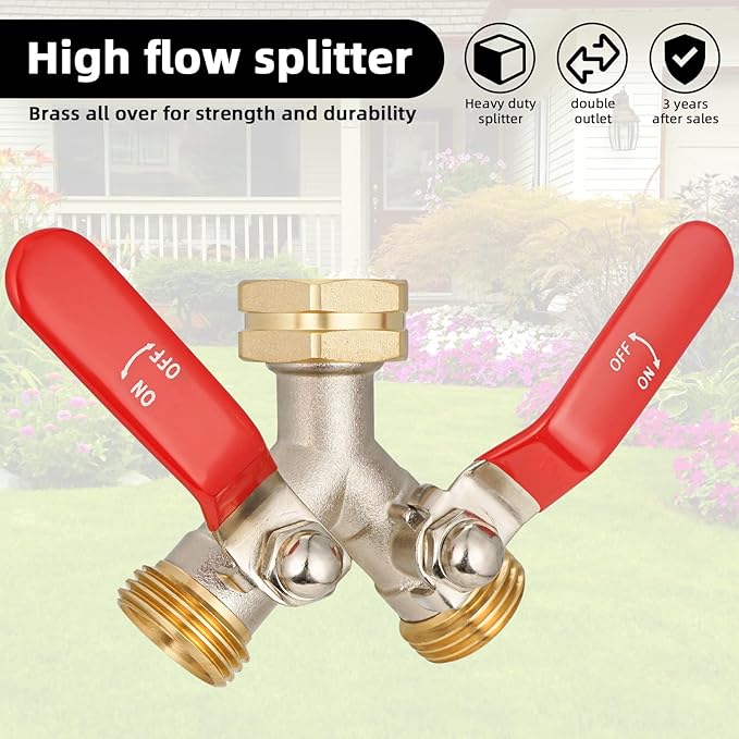 EJW Hose Splitter 2 Way, Heavy Duty Brass Garden Hose Splitter, Garden Hose Y-Valve Splitter, Full Flow Hose Splitter Connector, 3/4 Inch GHT Thread,Garden Hose Adapter 2 Way. longhand
