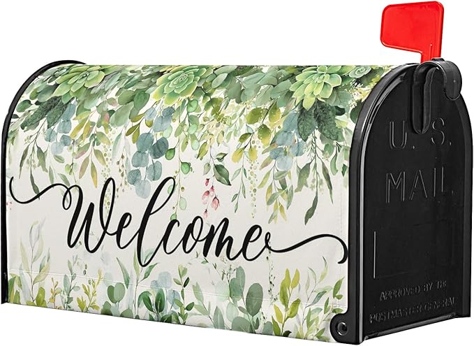 Spring Eucalyptus Leaves Mailbox Covers Magnetic Welcome Post Letter Box Wrap Standard Size 21''x18'' Green Leaves Summer Dust-Proof Letterbox Decor Seasonal Postbox Cover for Outdoor Garden Yard