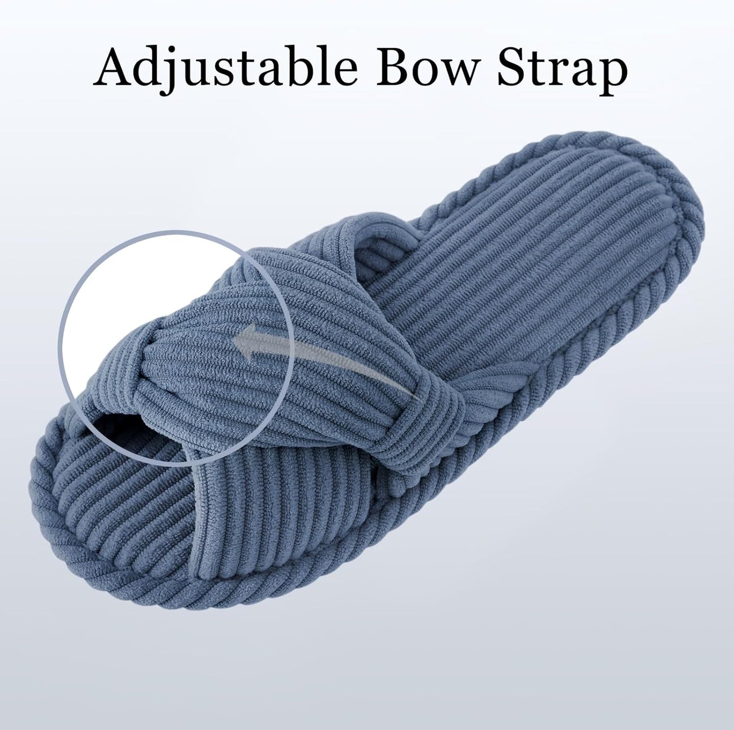 Evshine Summer House Slippers for Women Corduroy Cross Bow Indoor Slippers Open Toe Slip On Bedroom Shoes with Memory Foam