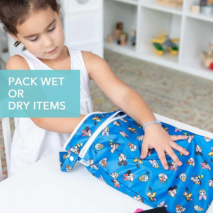Bumkins Disney Waterproof Wet Dry Bag for Baby, Travel, Swimsuit, Cloth Diapers, Pump Parts, Pool, Beach, Gym Clothes, Toiletry, Hook to Stroller, Daycare, Zip Reusable Wetdry, Mickey and Friends Blue