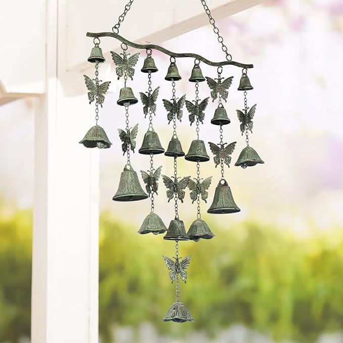 Dragonfly Wind Chimes for Outside, Large Strung Verdigris Windchimes with Wrought Iron Bell for Garden, Patio, Porch Outdoor Decor, Memorial Sympathy