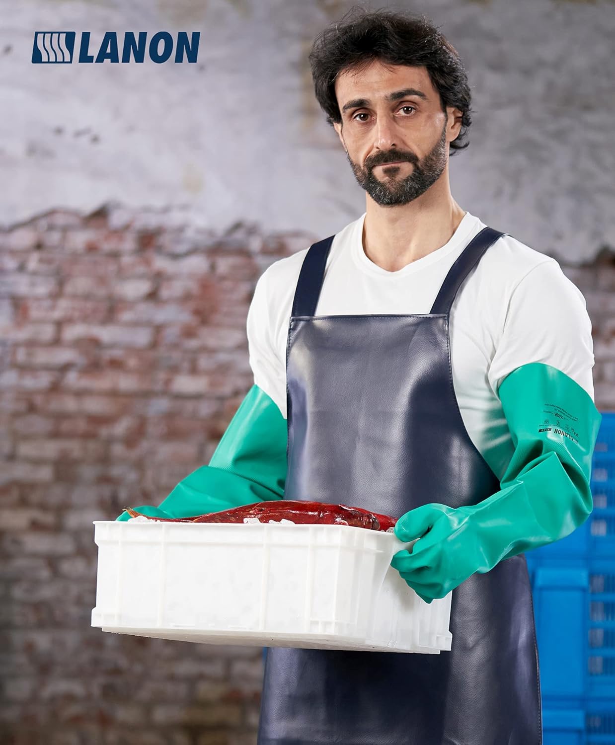 LANON Nitrile Chemical Resistant Gloves, Reusable Heavy Duty Safety Work Gloves, Acid, Alkali and Oil Protection, 18" Length, Non-Slip, Large