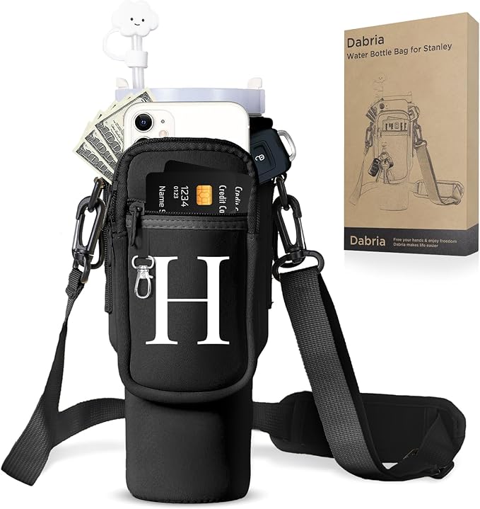 dabria Initial A-Z Water Bottle Bag with Phone Pocket for Stanley 40 oz Tumbler Neoprene Water Bottle Holder Pouch with Adjustable Strap Bollus with Straw Cover & Carabiner for Stanley Cup Accessories