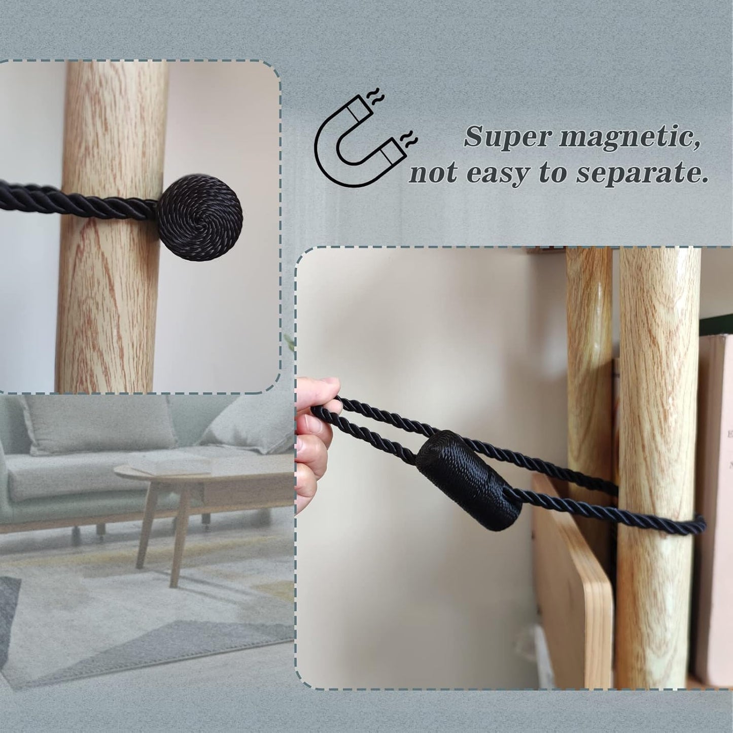 Hion Magnetic Curtain Tiebacks Black 6 Pack, Curtain Tiebacks Buckles Holdbacks Holders Hooks Clip for Home Bedroom Office Decorative Thick or Thin Curtain