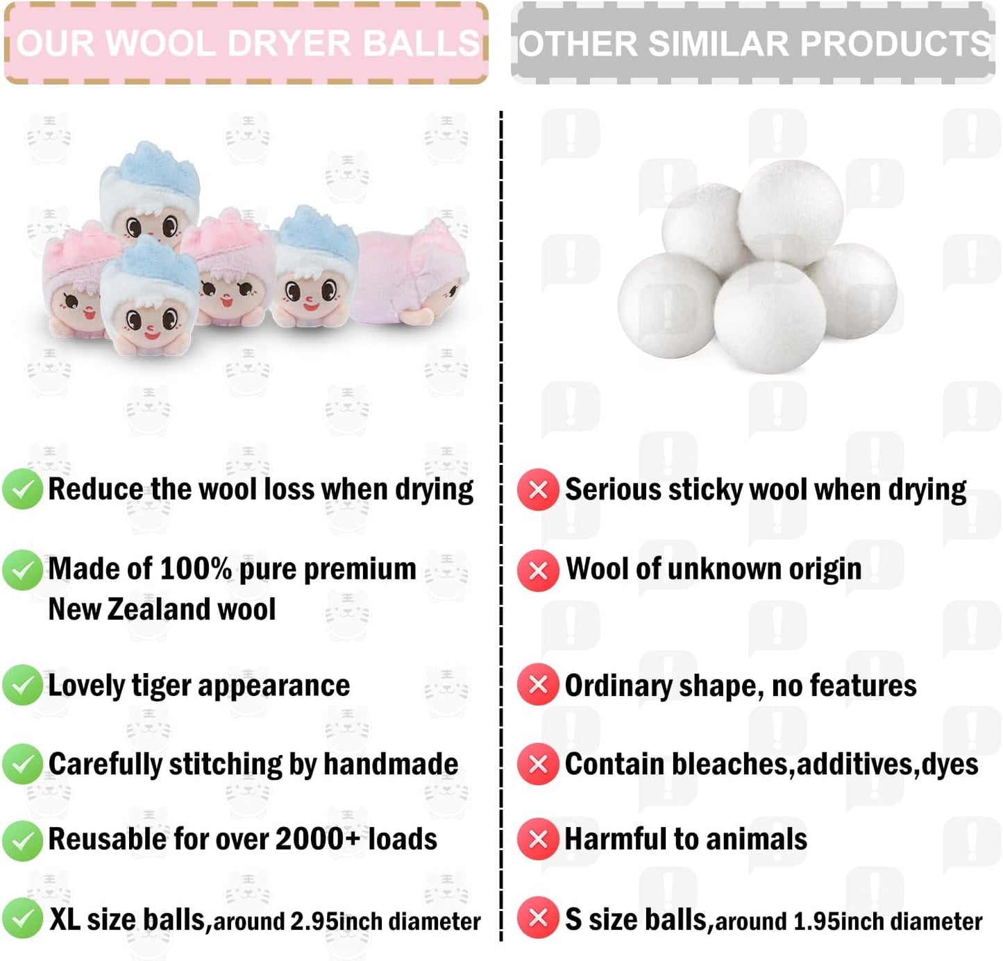 XL Organic Premium Reusable Wool Dryer Balls 6 Pack-100% New Zealand Wool,Reusable for 2000+ Loads,Natural Fabric Softener Ball,Hypoallergenic Baby Safe & Chemical Free to Reduce Sticky Wool