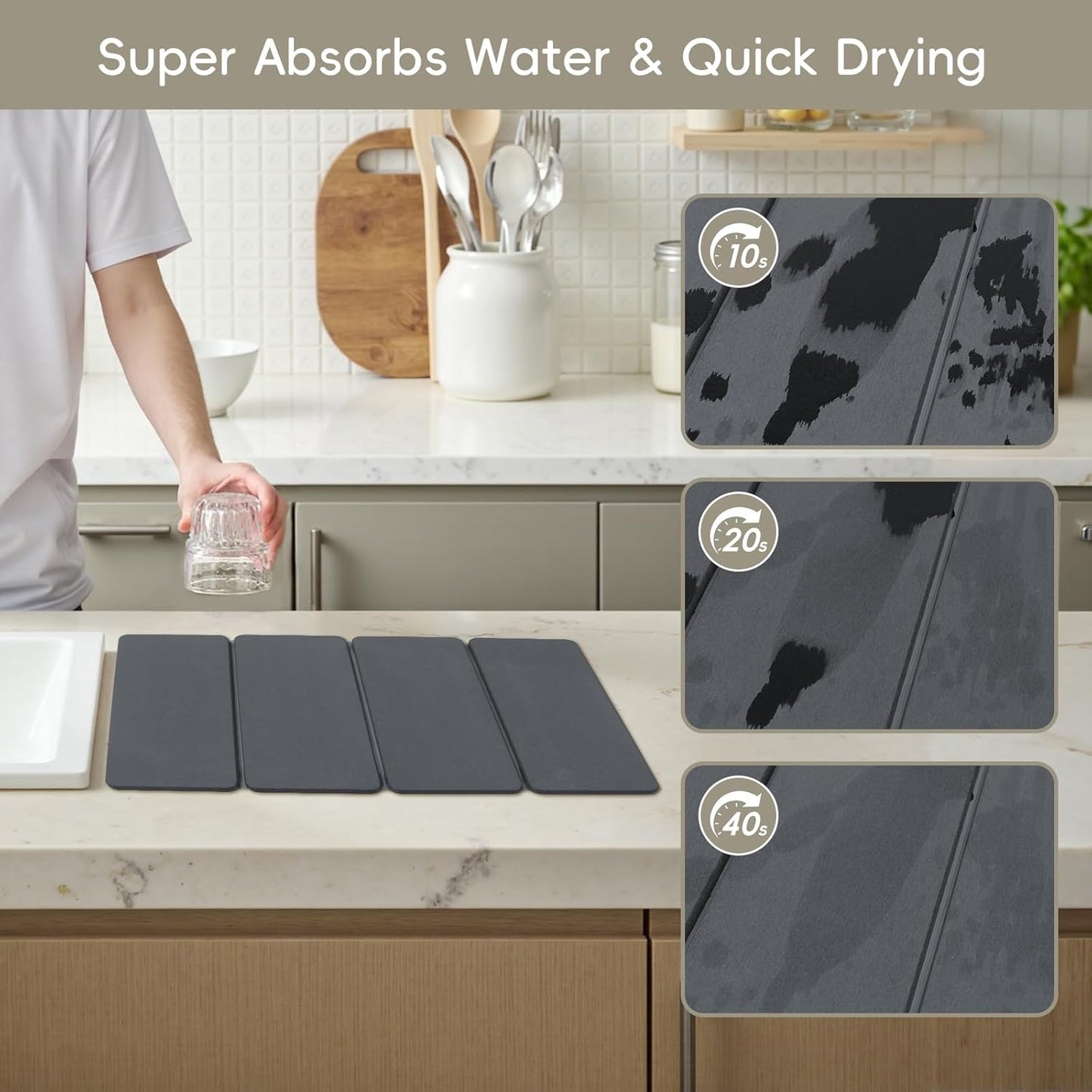 Large Stone Dish Drying Mat for Kitchen Counter, HQAUT 24×16" Collapsible Quick Drying Dish Mats, Ultra Absorbent Diatomaceous Earth, Non-Slip Dishes Drainer Drying Mat, Easy to Clean