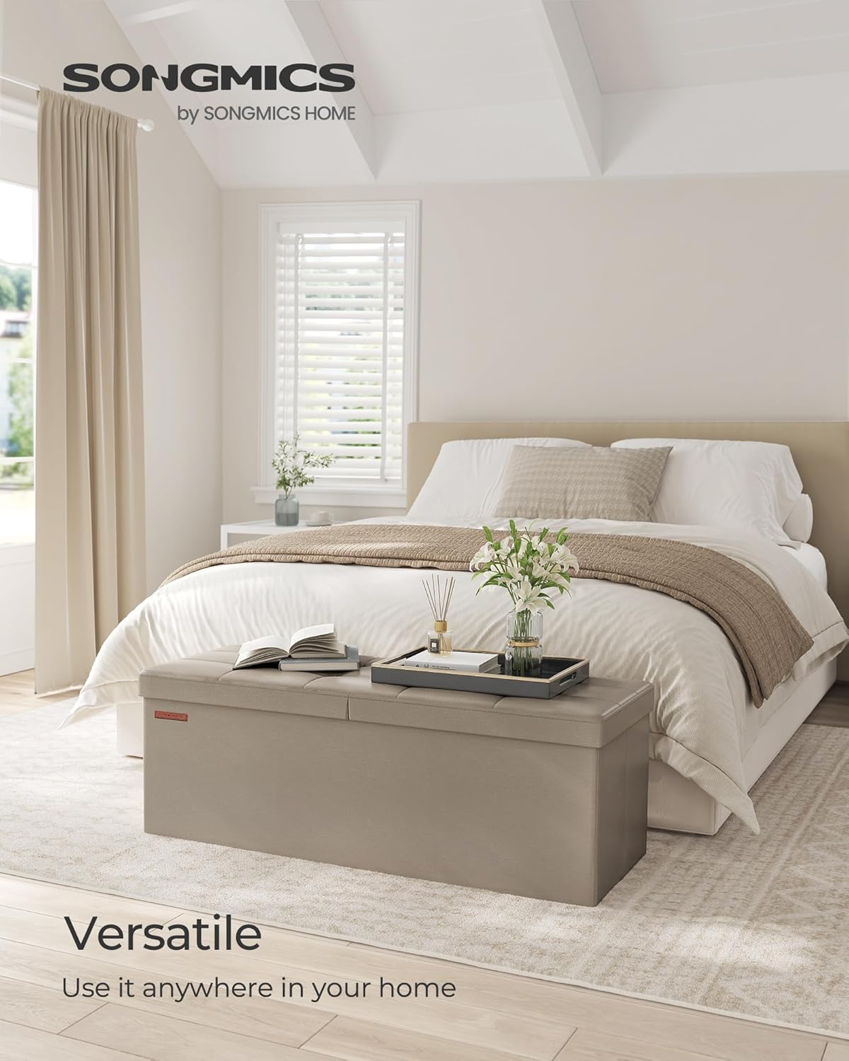 SONGMICS MAZIE Collection - 43 Inches Storage Ottoman Bench with Flipping Lid, Storage Chest with Iron Frame Support, Load 660 lb, for Living Room, Bedroom, Synthetic Leather, Camel Brown ULSF075K03