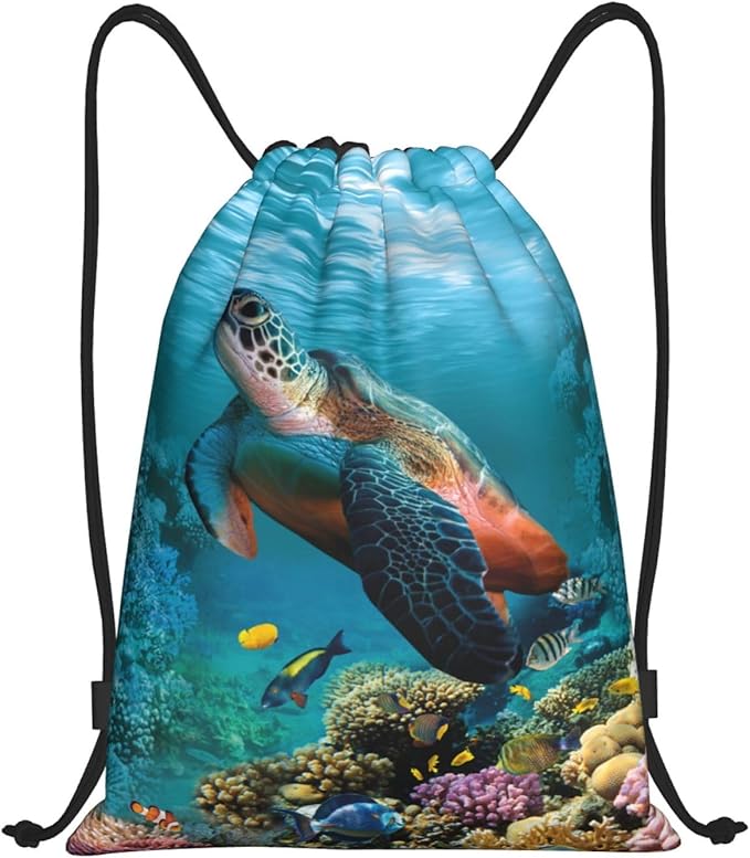 Sea Turtle Drawstring Bags Turquoise Drawstring Backpack Cute Fish Sackpack Draw String Cinch Bags for Sports, Gym, Travel, Swimming, Beach, Camping