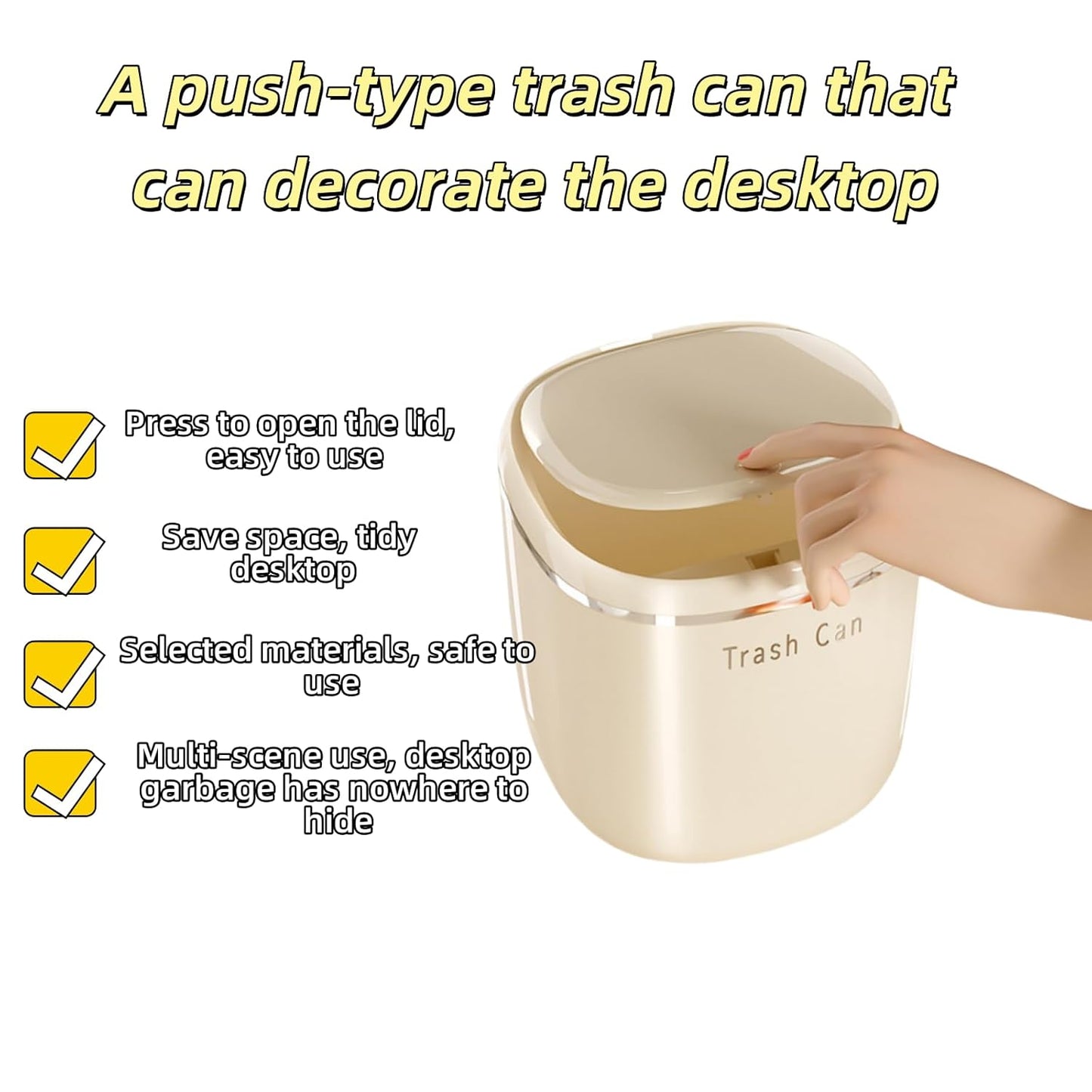 0.8 Gallon Desktop Mini Trash Can with Push-Open Lid, Small Waste Baskets Includes 50 Free Bags, Small Eco-Friendly PP Waste Bin for Office Desk, Bedroom, Bathroom Tiny Garbage Can (White)