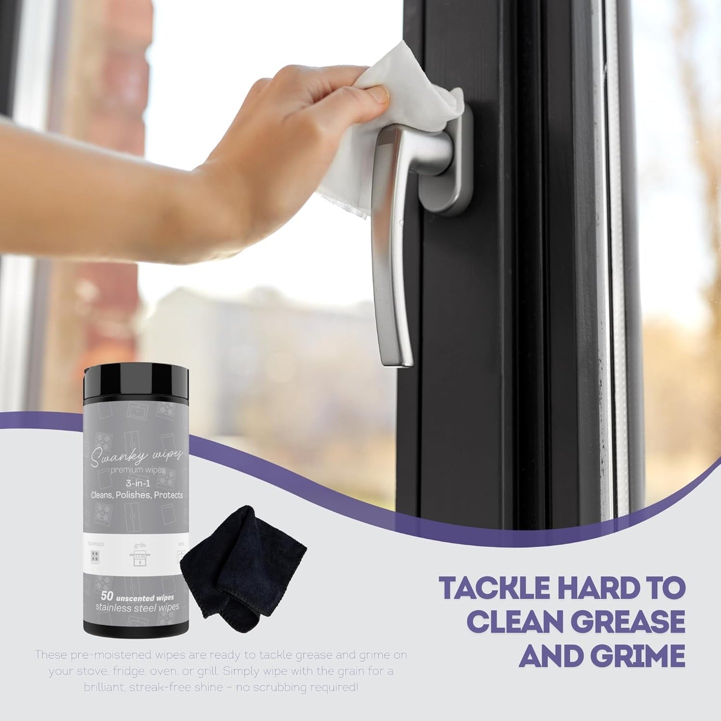 Swanky Stainless Steel Cleaner Wipes - Grime & Grease Remover Kitchen Cleaning Supplies - Clean & Shine, For Stove Top, Refrigerator, Sink, Oven, & Household Appliances - Canister, 100 Count