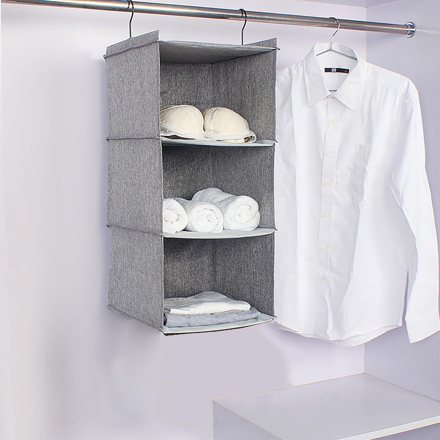 Hanging Closet Organizer, Easy Mount Collapsible 3-Shelf Camper Closet Wardrobe Hanging Storage Shelves, Folded Clothes Towels Handbag Shoes Accessories Storage, Linen Cloth, Gray