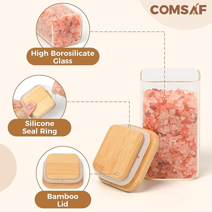 ComSaf 12Pcs Glass Spice Jars with Bamboo Lid, 8oz Airtight Square Containers with 275 Black Lables, Empty Seasoning Jars for Spice Salt Sugar