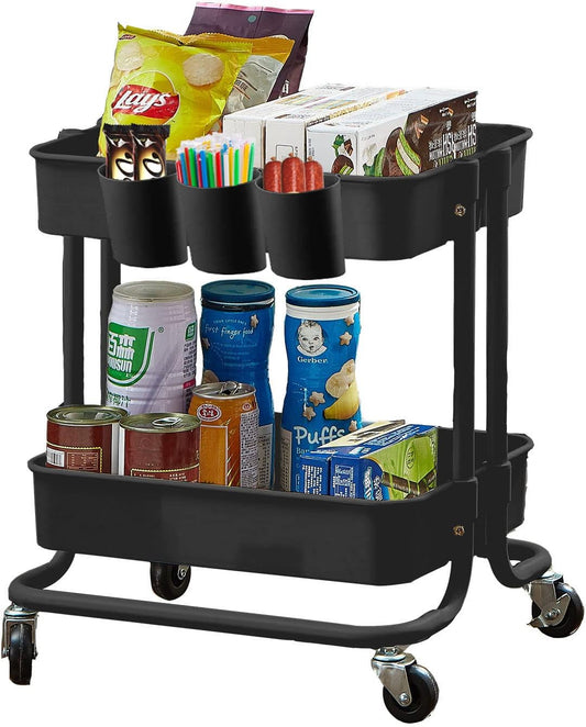 Melody House 2-Tier Utility Rolling Cart Storage Sofa Side Table with Wheels, Mobile Trolley Organizer with for Office Home Kitchen Organization, Black