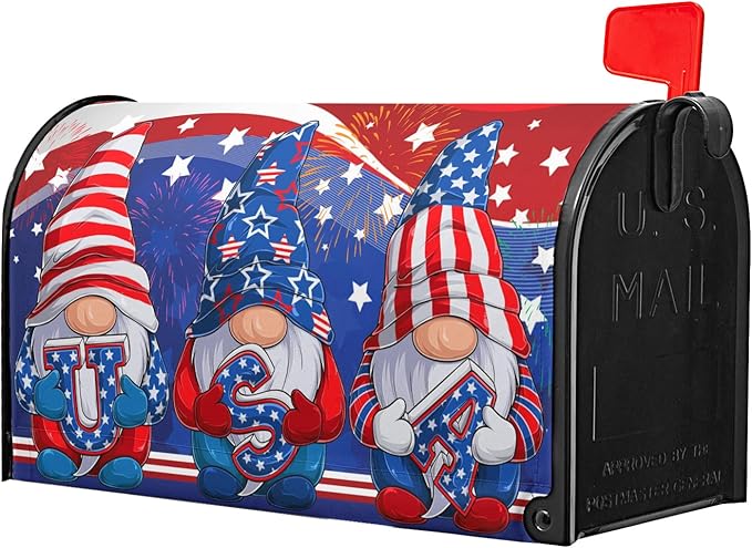 Patriotic Gnomes USA Flag Mailbox Cover Independence Day July 4th Mailbox Covers Oversize 25.5"" x 21"" Happy Holiday Waterproof Post Box Cover Wraps for Outdoor Garden Yard Home Decor