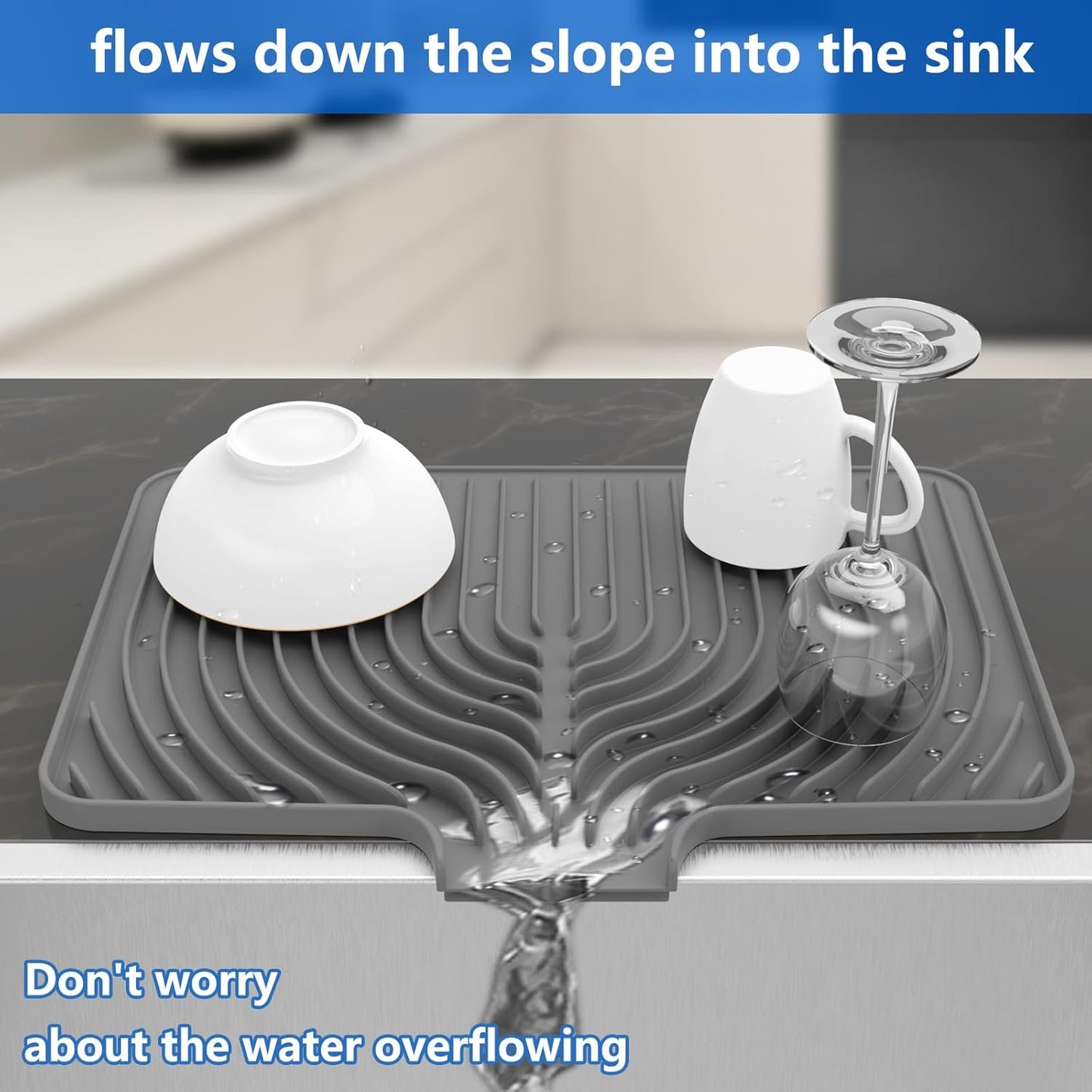 Dish Drying Matt for Kitchen Counter,18"×12"Silicone Dry Rack Mat with Built in Drain, Kitchen Dry Mats for Dishes Drying Pad for Counter(gray)