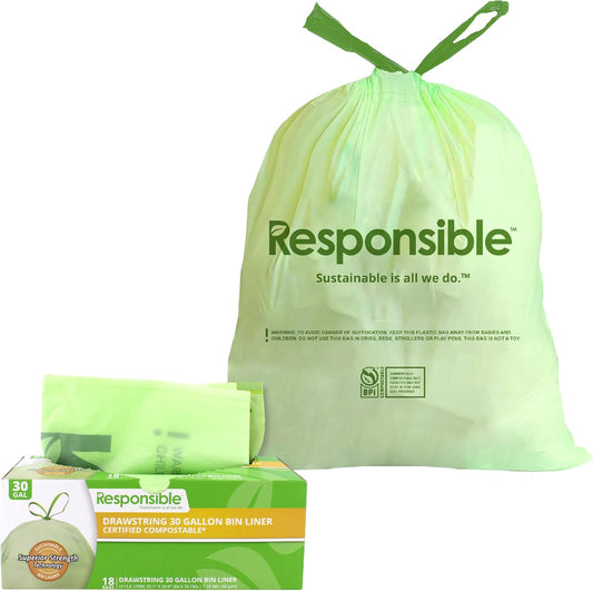 Responsible Products Kitchen Bin Liners, Certified Compostable, Heavy Duty Multipurpose Food Scrap Bags, Made from Compostable Materials (30 Gallon Drawstring, (18 Count))