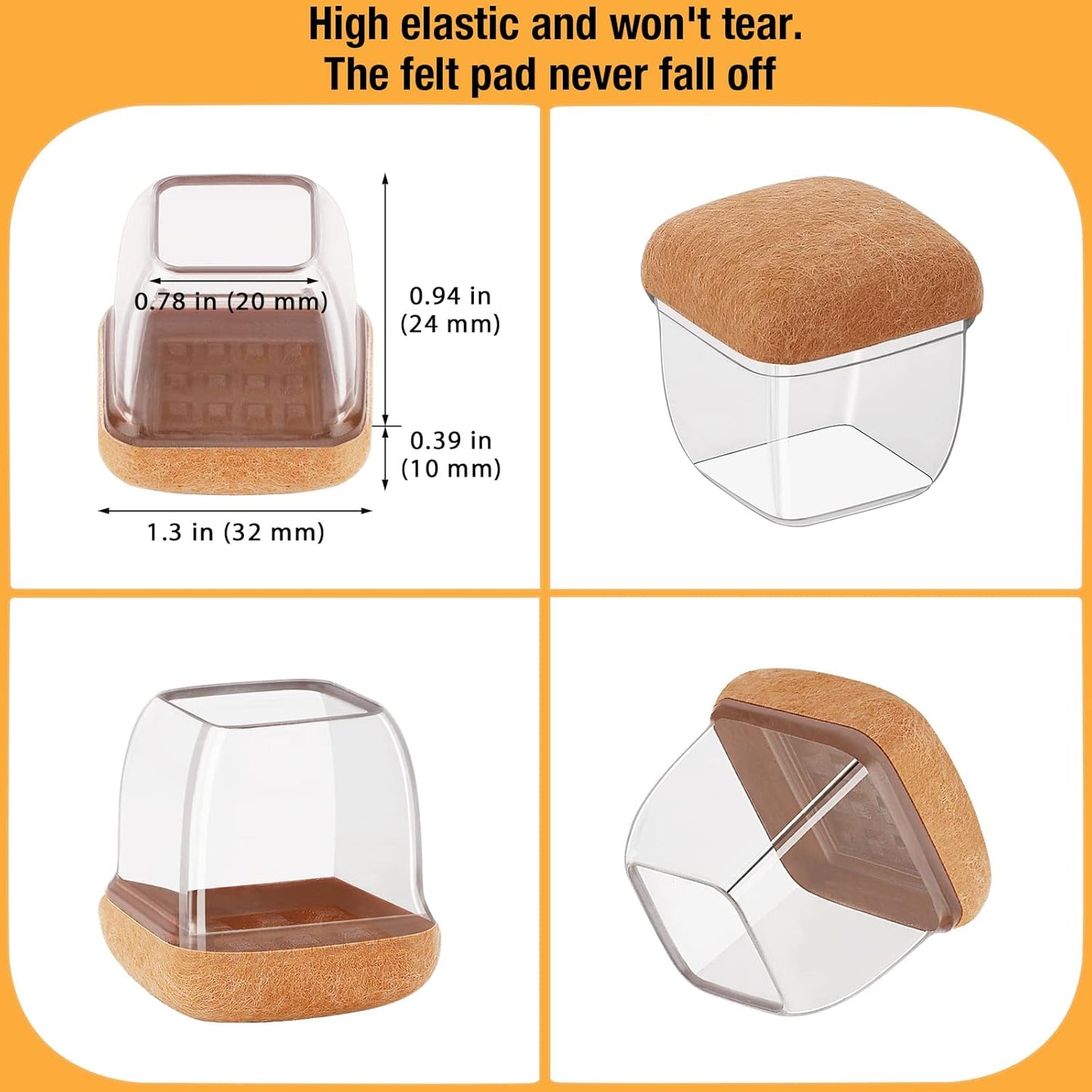 16 Pcs Chair Leg Floor Protectors Square, Silicone Chair Leg Protectors for Hardwood Floors, Chair Leg Caps Covers Protect Wooden Floors from Scratching, Thick, Won't Tear (Fit: 9/10" - 1")