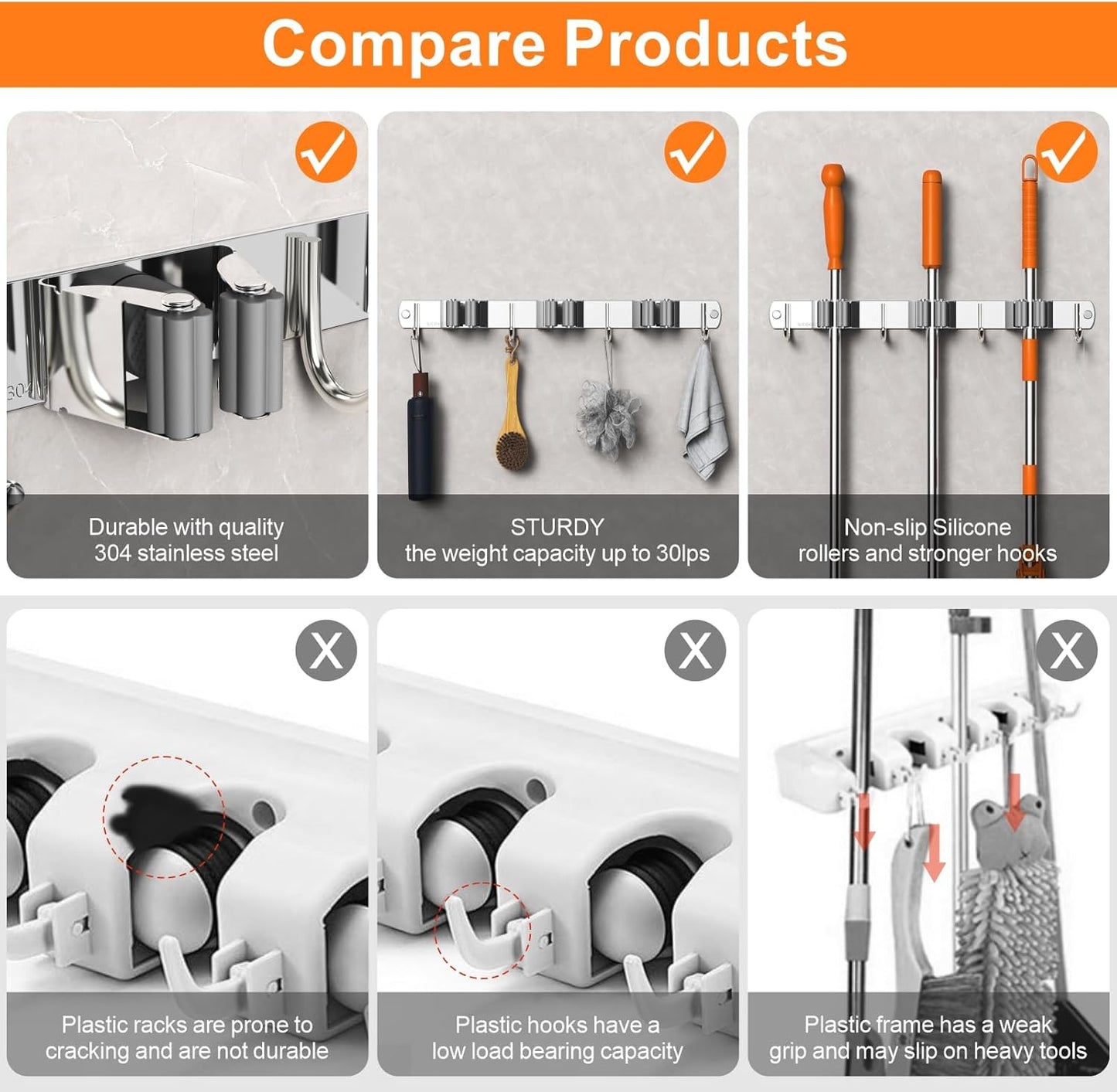 Broom and Mop Organizer Wall Hanging, Upgraded Mop and Broom Holder Wall Mount, Stainless Steel Broom Hanger Wall Mount for Laundry Room Organization and Storage（5 Racks with 4 Hooks）