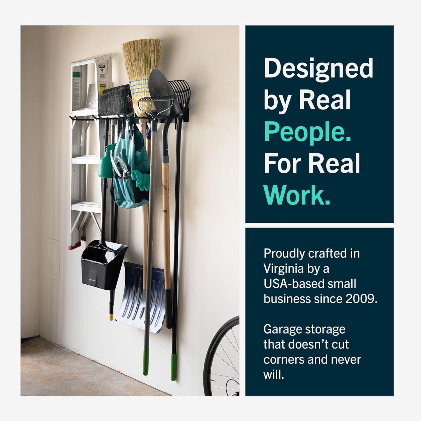 StoreYourBoard Wall-Mounted Rack With 4 Garage Hooks – Heavy-Duty Steel Holder Garage & Garden Storage for Shed, Workshop, or Home Organization – For Rakes, Shovels, Tools & More – 1 Pack, Deep Water