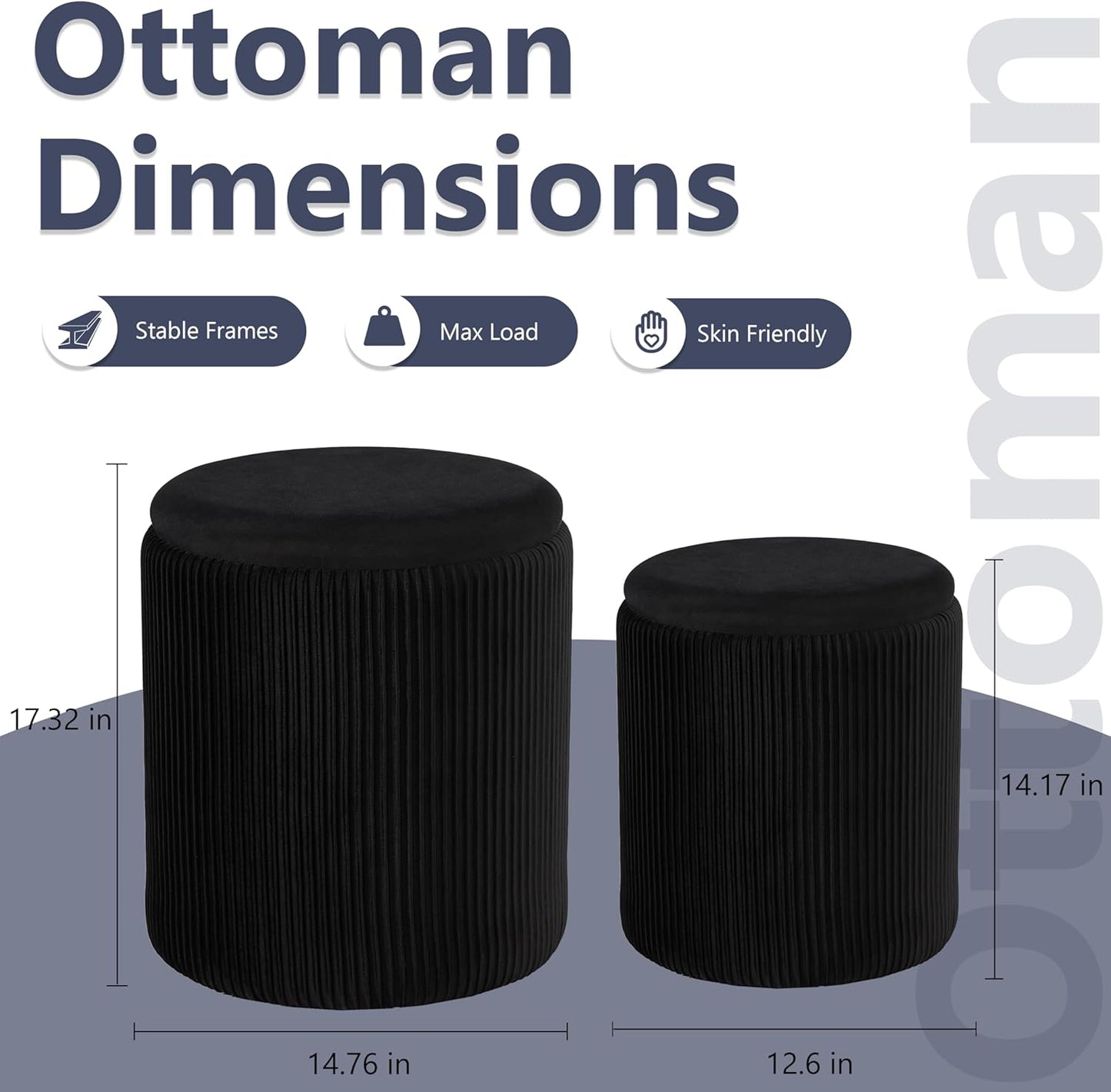 Royal Windsor Round Ottoman with Storage Set of 2,Vanity Stool with Storage for Bedroom, Ottoman Coffee Table,Small Velvet Foot Stool for Living Room, Black