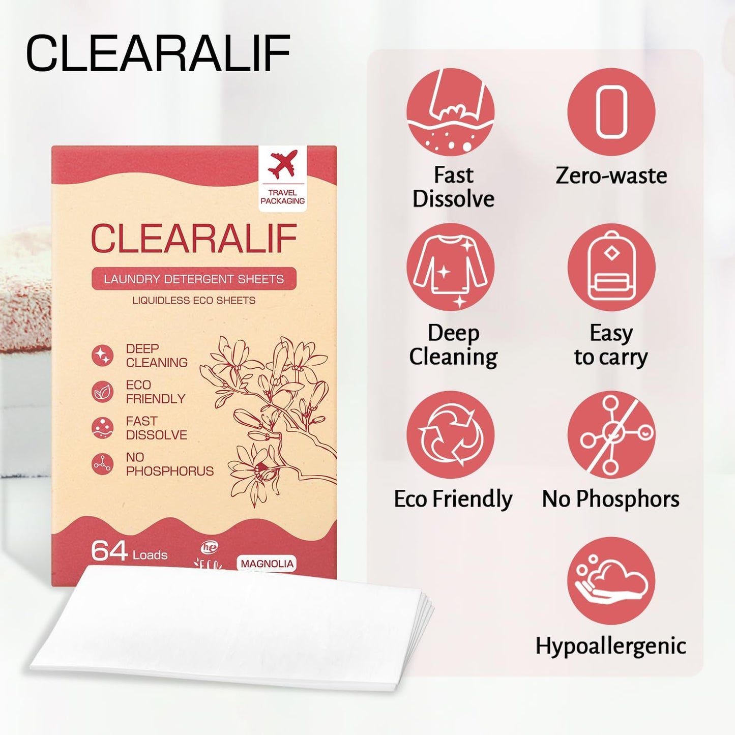 CLEARALIF Laundry Detergent Sheets, Magnolia, 64 Load, CLEARALIF Laundry Detergent Strips Eco Friendly & Hypoallergenic