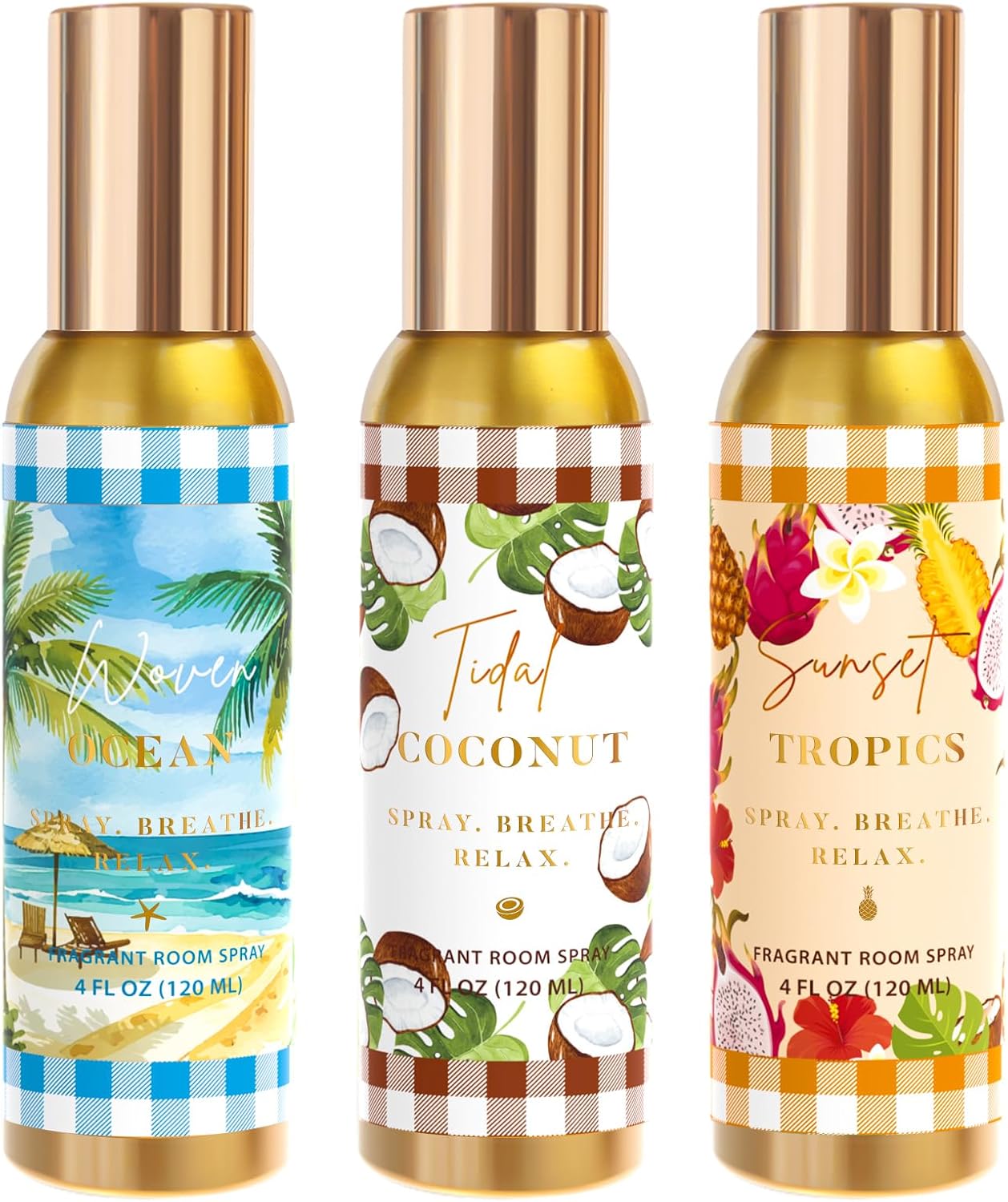 Room Spray, Tidal Coconut, Woven Ocean, Sunset Tropics, 3 Pack, Each 4 fl oz, Air Freshener for Home, Long-Lasting Odor Eliminator for Bathroom and Office