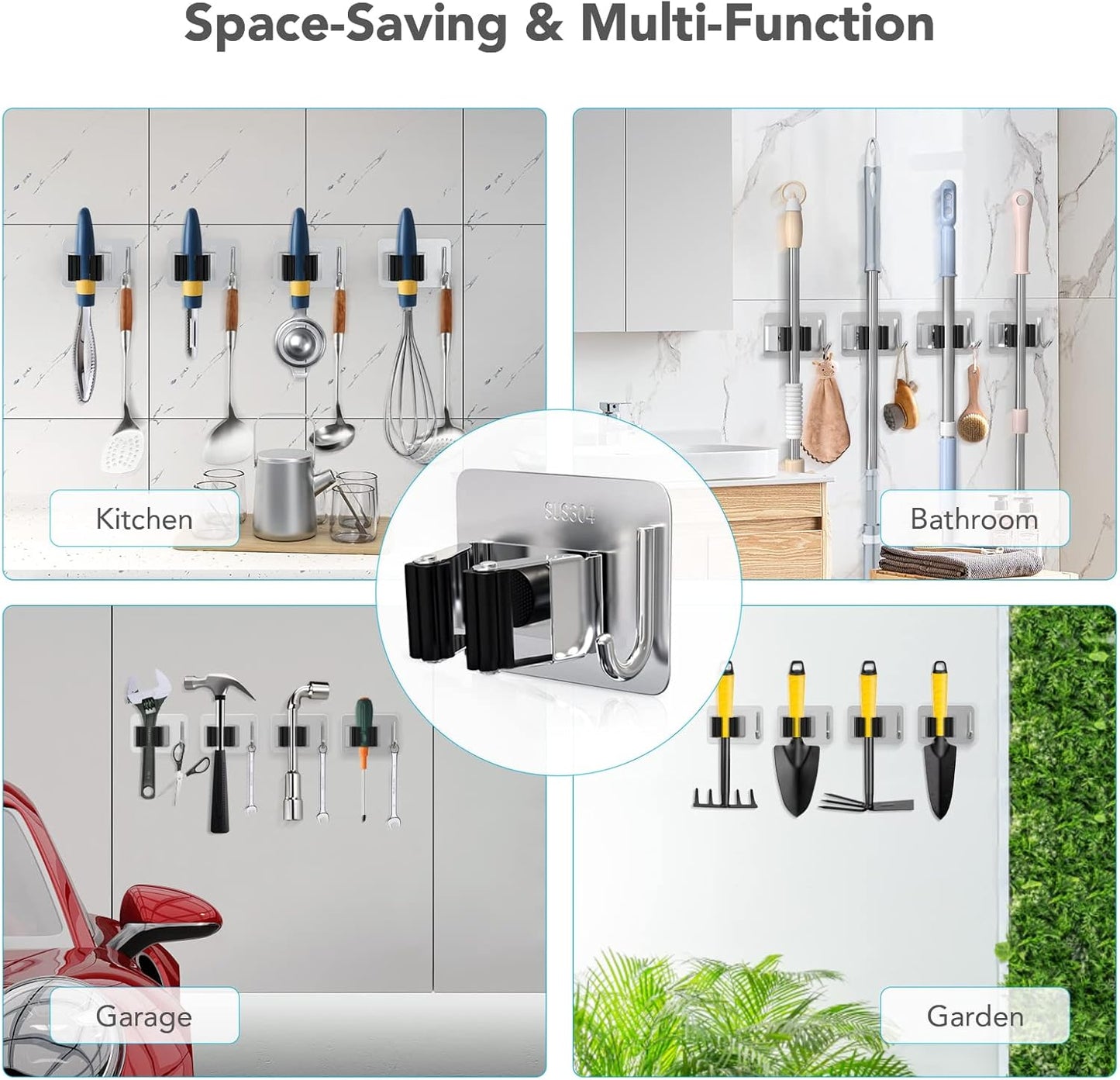 Mop Broom Holder No Drill, Mop Broom Organizer Wall Mounted Heavy Duty with Hooks Hanger, Self Adhesive Stainless Steel 4Pcs for Bathroom, Kitchen, Office (Multicolor)