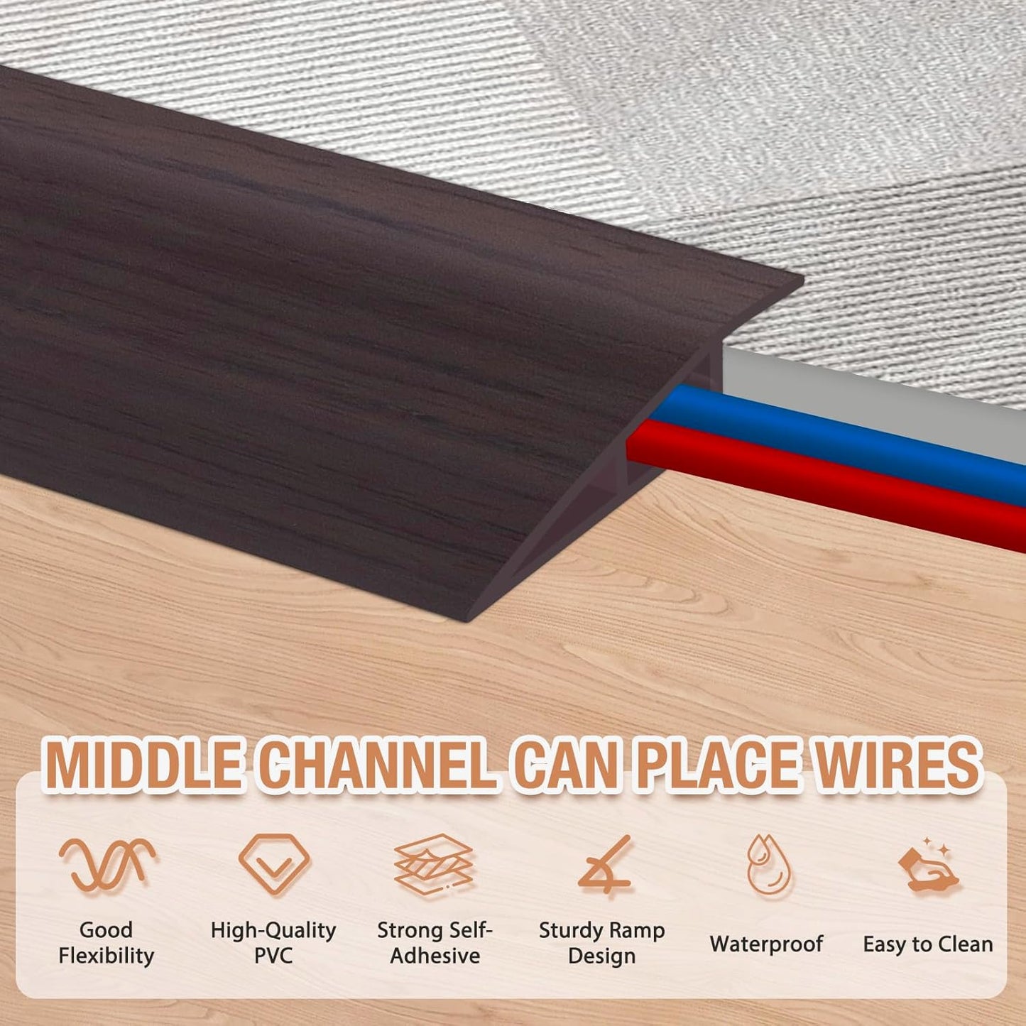Floor Transition Strip Self Adhesive Vinyl Door Threshold for Doorways Carpet Edging Trim Overlap Edge Reducer for Laminate Floor, Carpet, Tile (Dark Walnut Grain, 2/5" to 3/5", 10Ft)