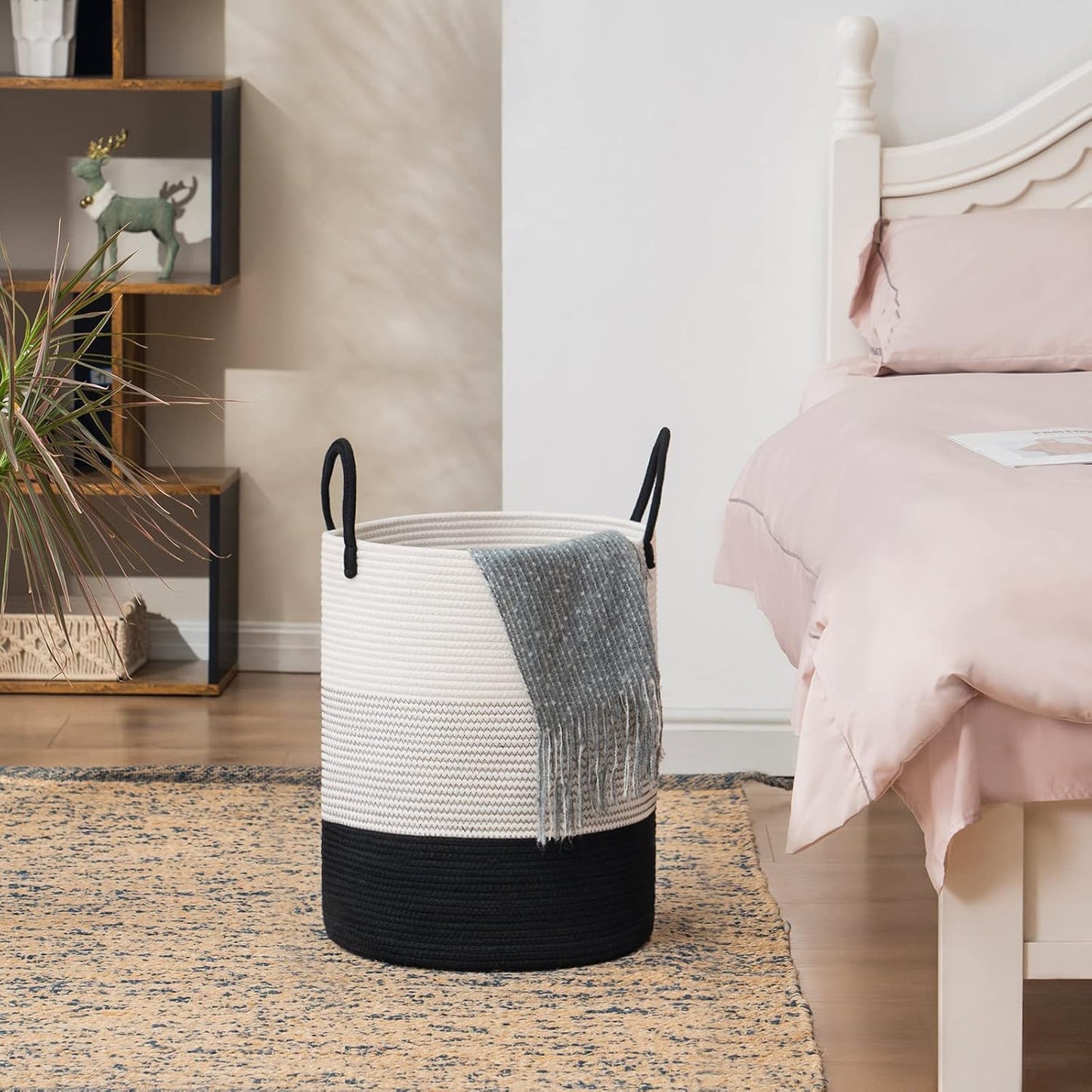 Woven Rope Laundry Hamper Basket by YOUDENOVA, Tall Luandry Basket, Baby Nursery Hamper for Blanket Storage, Clothes Hamper for Laundry in Bedroom-Large-(Dark White, 58L)