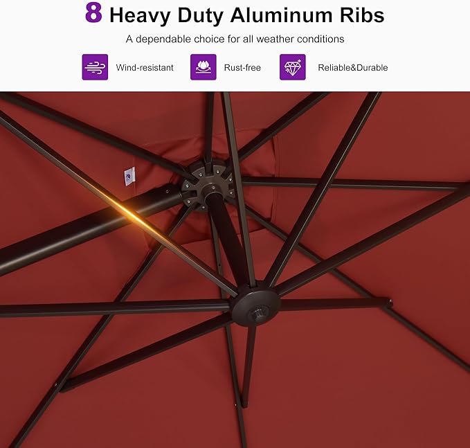 PURPLE LEAF 10' X 13' Patio Cantilever Umbrella Rectangle Umbrella Outdoor with Aluminum Offset Hanging and 360° Rotation for Pool Garden Deck Patio, Brick Red