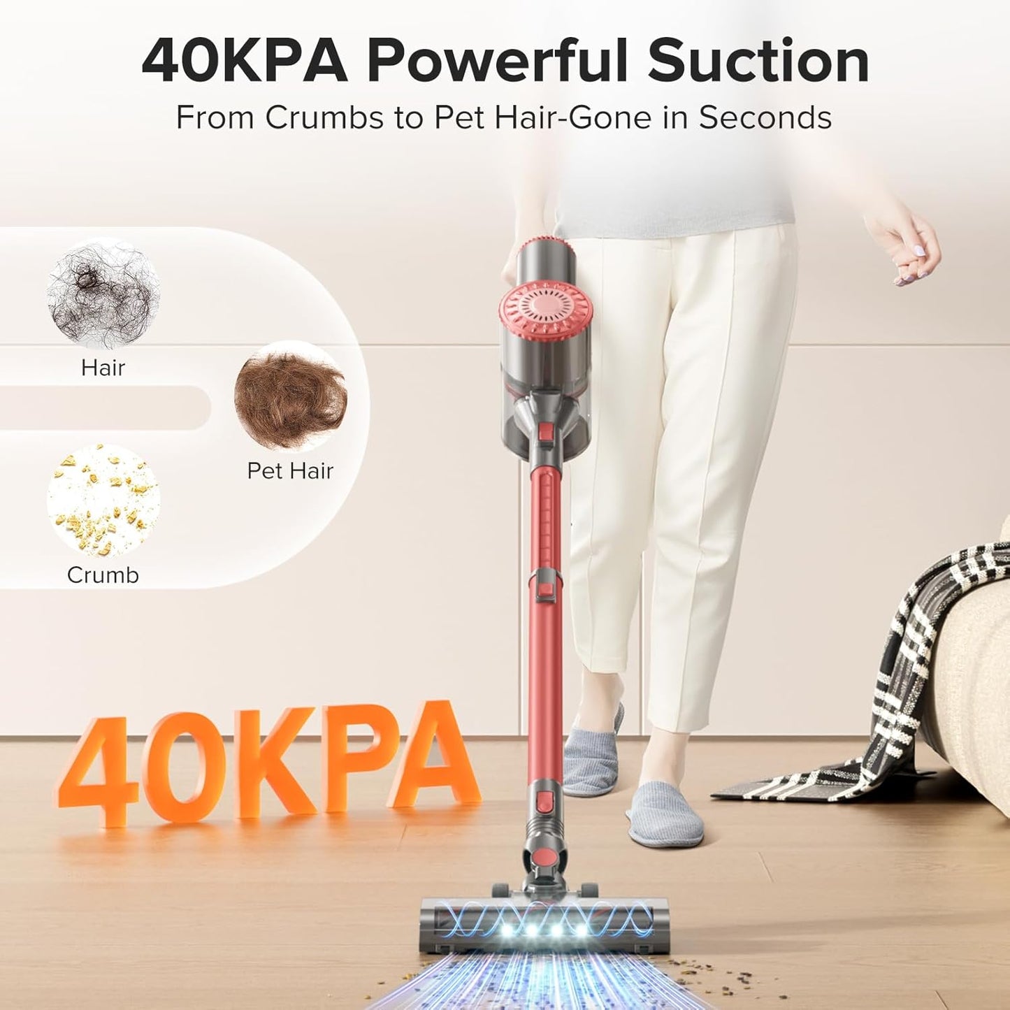 Cordless Vacuum Cleaner with Self-Standing, 40KPA Stick Vacuum Cleaners for Home, 8-in-1 Lightweight Rechargeable Vacuum, 7-Layer Filtration,Ideal for Carpet, Pet Hair, Hardwood Floors