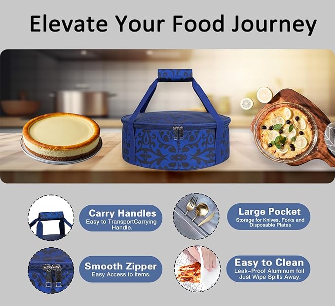 Round Insulated Pie Carrier – Thermal Portable Lunch Transport Cheesecake Cake Dish Container Bag Keep Food Hot/Cold/Fresh for Potlucks Parties Gathering/Cookouts/Church Dinner/Outdoor Events-Blue