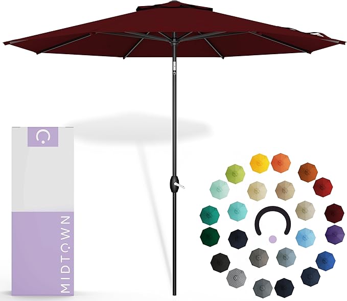 Midtown Umbrellas Sunbrella Umbrella 9 Feet Outdoor Umbrella With Burgundy Acrylic Fabric - Auto-Tilt Aluminum Frame Patio Umbrella For Backyard, Deck, Garden, Pool - Black Pole