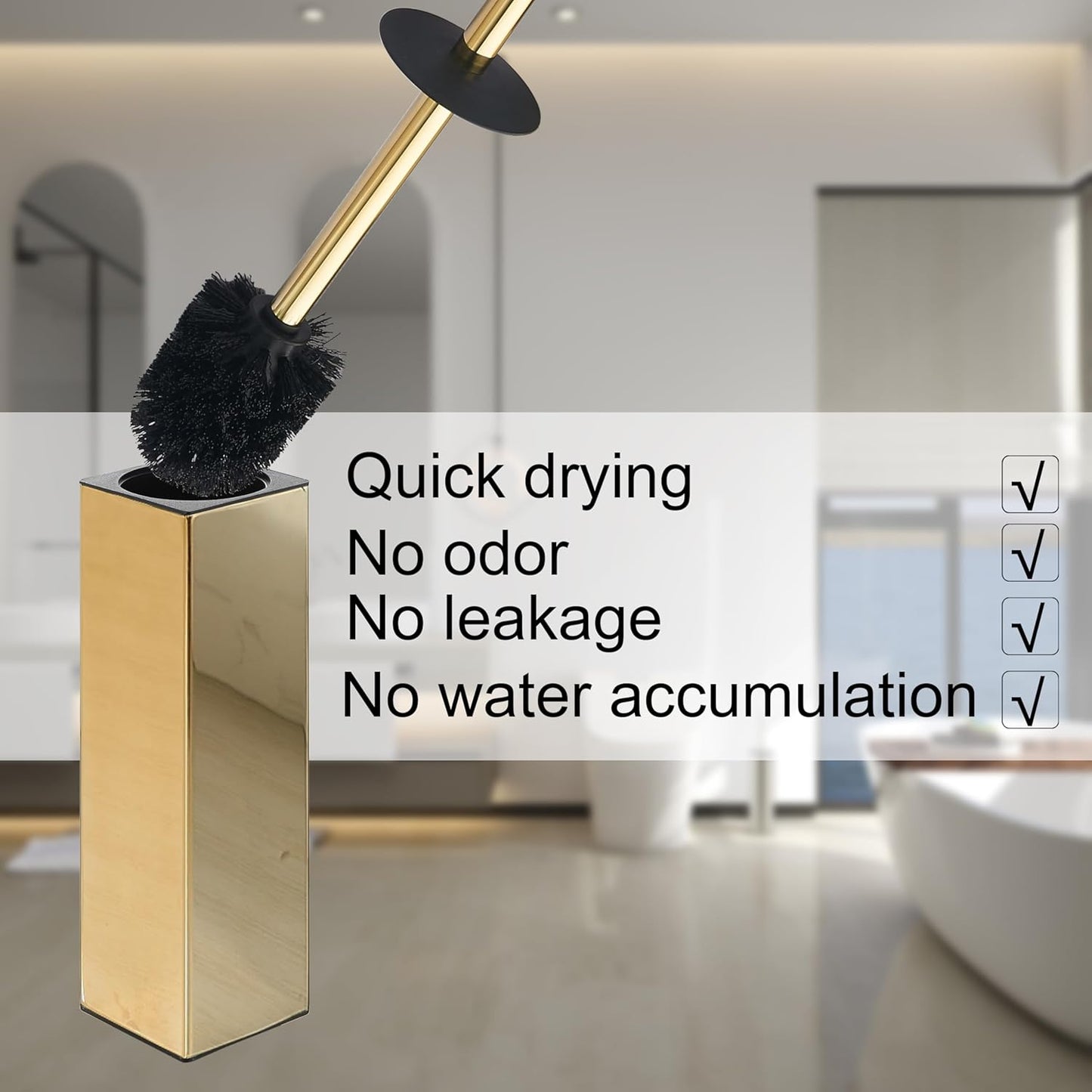 BGL Square Toilet Brush with Holder,Stainless Steel Rubber Painted Toilet Bowl Brush and Holder for Bathroom,2 Cleaner Brush Heads,Gold