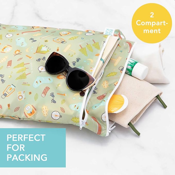 Bumkins Waterproof Wet Dry Bag for Baby, Travel, Swim Suit, Cloth Diapers, Pump Parts, Pool, Beach, Gym Clothes, Toiletry, Hook to Stroller, Daycare, Zip Reusable Wetdry Packing Pouch, Camp Gear Green