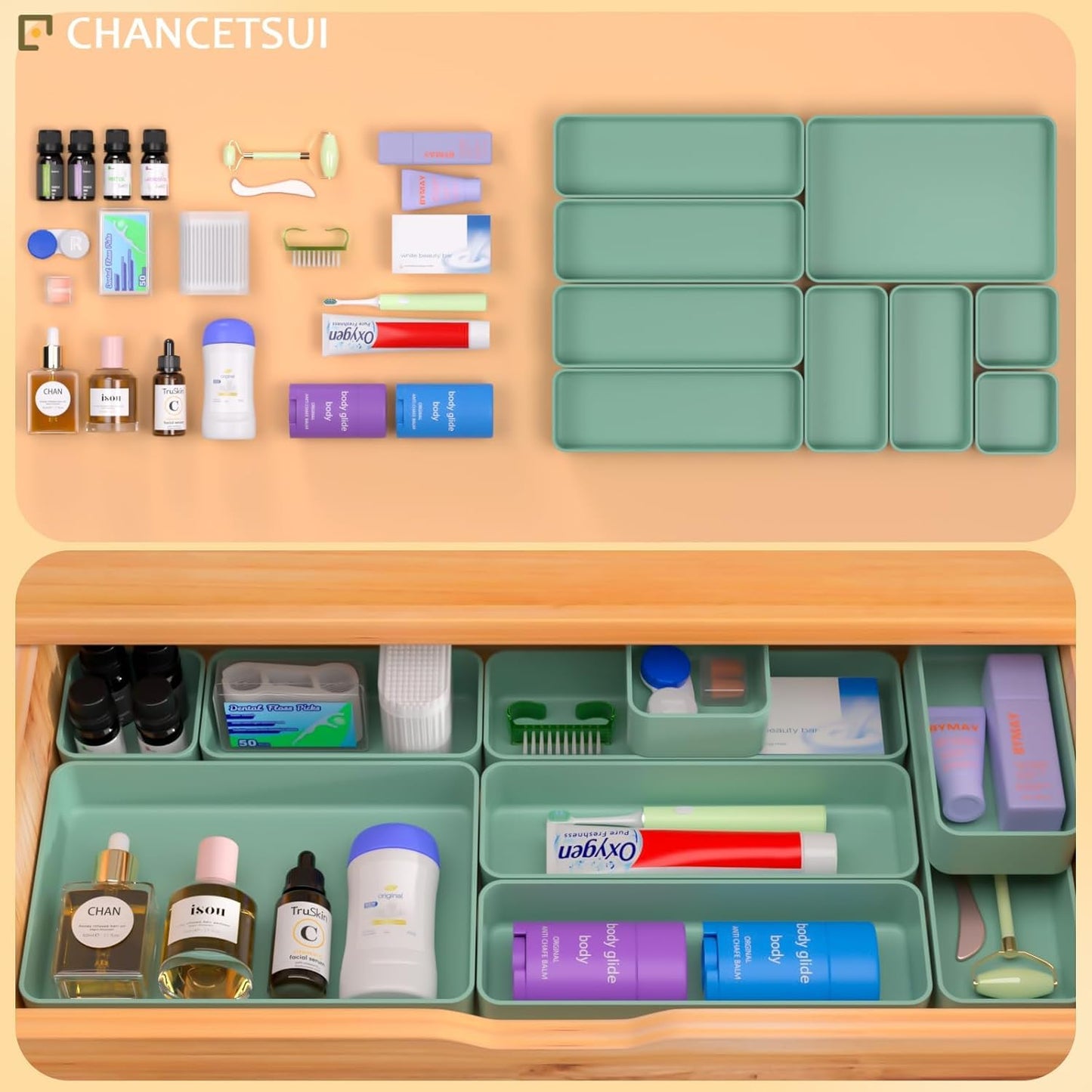 CHANCETSUI 9 Pcs Stackable Drawer Organizer Trays Set, Green, Multifunctional Storage for Vanity, Bathroom, Kitchen, Desk Drawer Organizer Office, PET Plastic