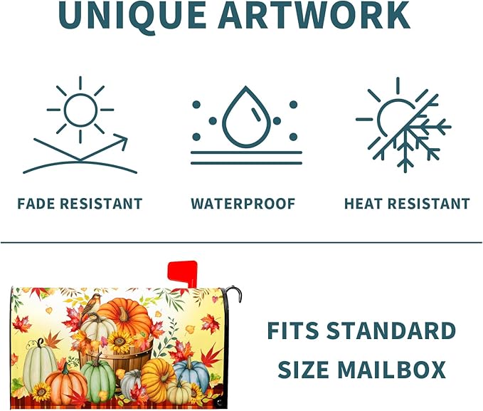 Fall Pumpkins Mailbox Cover Magnetic Standard Size 21x18inch Autumn Maple Leaves Floral Mailbox Wrap Thanksgiving Watercolor Pumpkin Harvest Post Letter Box Covers for Home Garden Yard Outdoor Decor