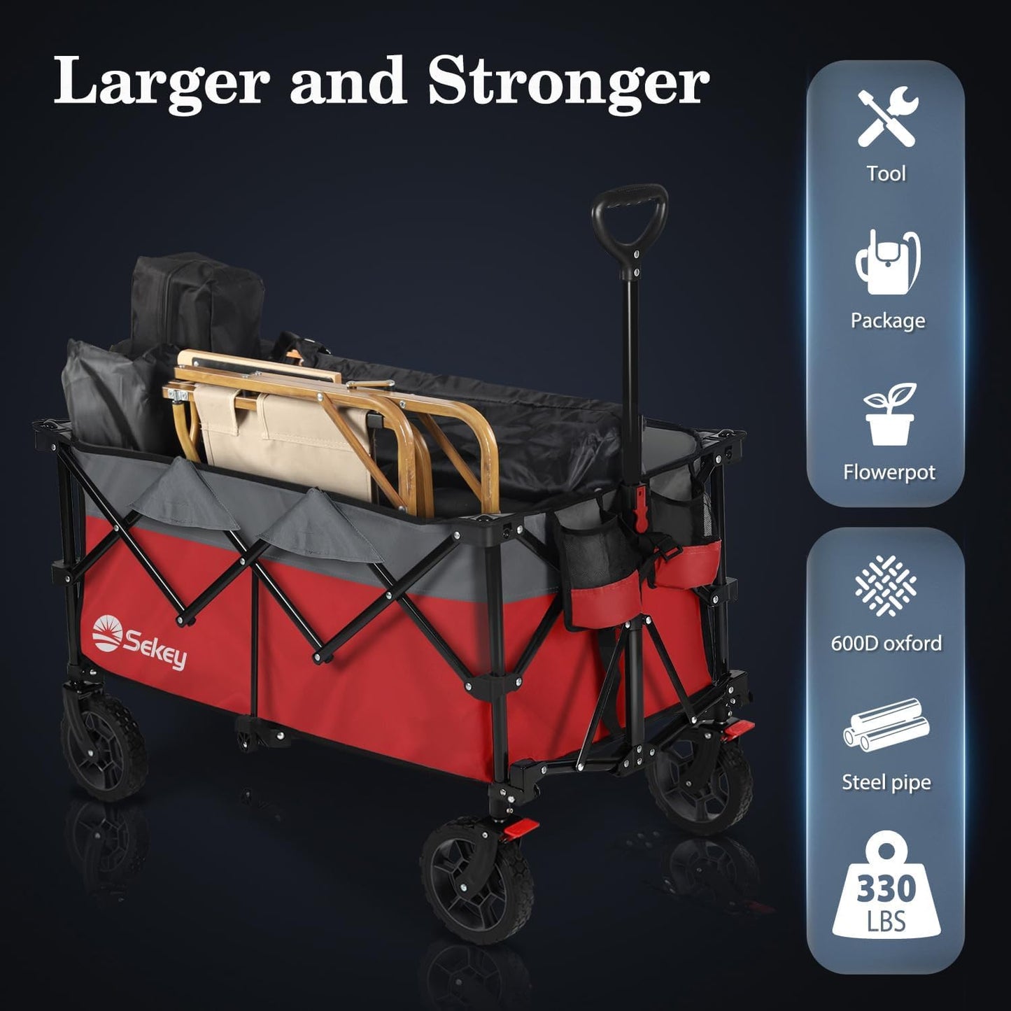 Sekey 220L Collapsible Foldable Wagon with 330lbs Weight Capacity, Heavy Duty Folding Wagon Cart with Big All-Terrain Wheels & Drink Holders (Red&Grey)