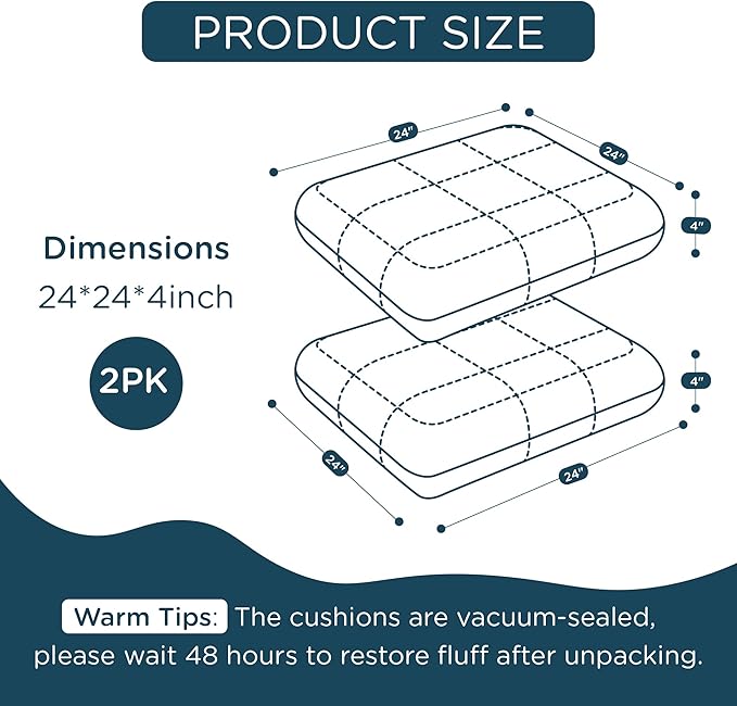 Codi Outdoor Cushions for Patio Furniture 24x24 Inch, Waterproof Chair Seat Cushion with Textured Fabric, Handles & Adjustable Straps, Fade Resistant - Set of 2, Grey