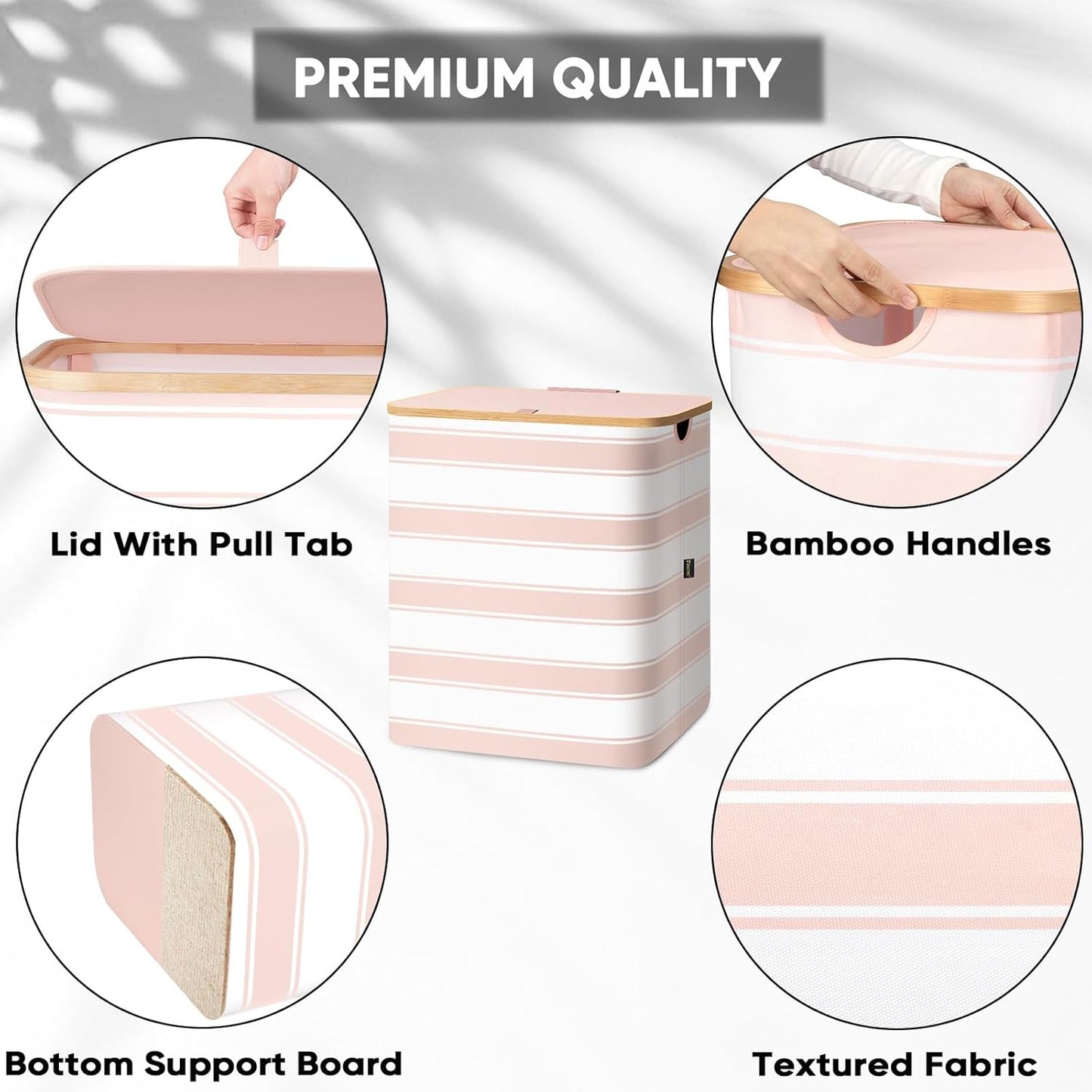 BALEINE Laundry Hamper with Lid, Tall Laundry Baskets with Bamboo Pull Handles, Large Laundry Bin with Internal Support (36 Gal/140L, Pink Stripe)