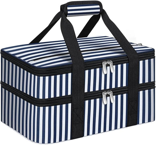 Double Insulated Casserole Carrier, Portable Casserole Carrier for Hot or Cold Food Lunch Tote Warmer or Cooler Bag, Lasagna Lunch Bag for Potluck Parties- Fits 9" x 13" Baking Dish-Blue Stripes