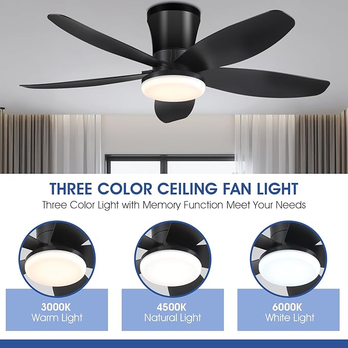 Ceiling Fans with Lights-36 Low Profile Ceiling Fan with Light and Remote/APP Control,Flush Mount,DC Reversible,LED Dimmable Black Ceiling Fans for Bedroom,Indoor/Outdoor Patio Use